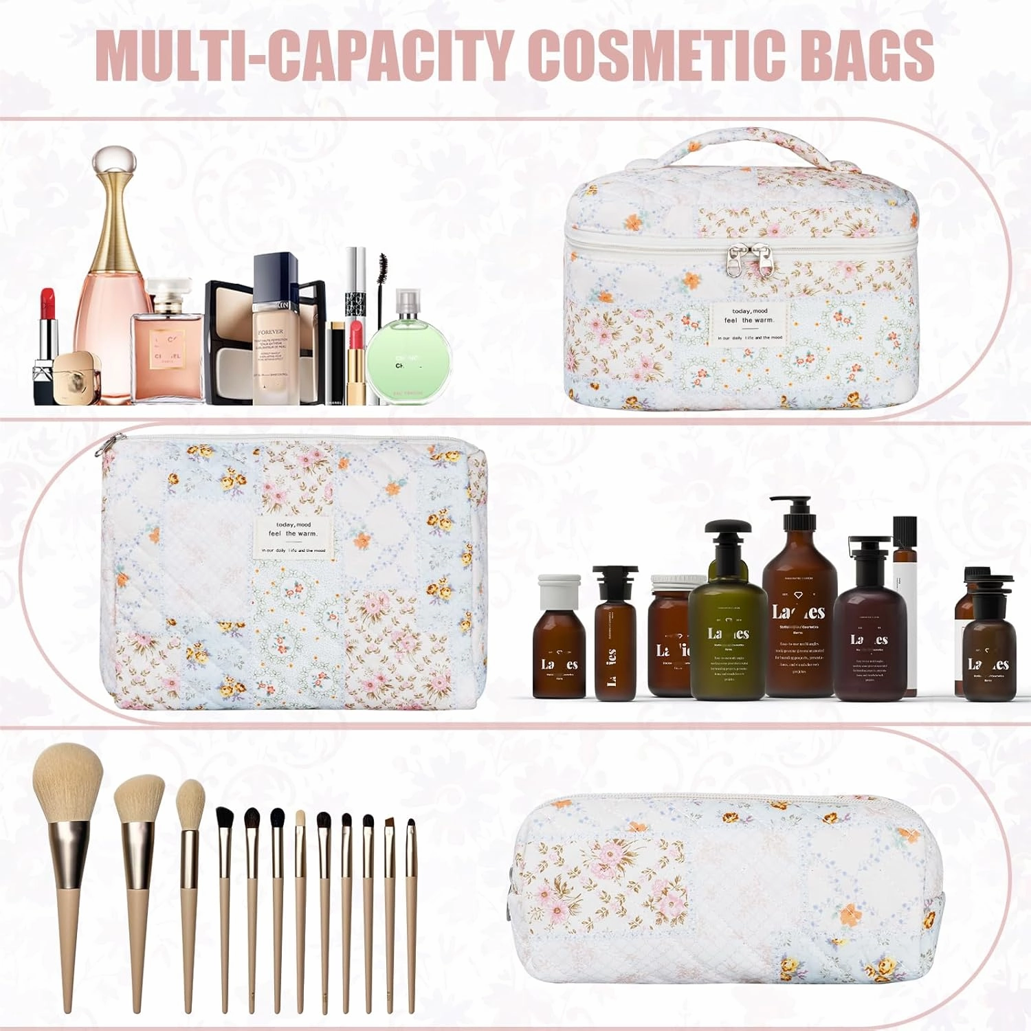 Quilted Makeup Bag Set, 3Pcs Large Checkered Corduroy Cosmetic Bags, Cute Coquette Makeup Bag Toiletry Zipper Pouch Bag for Women and Girls Checkered
