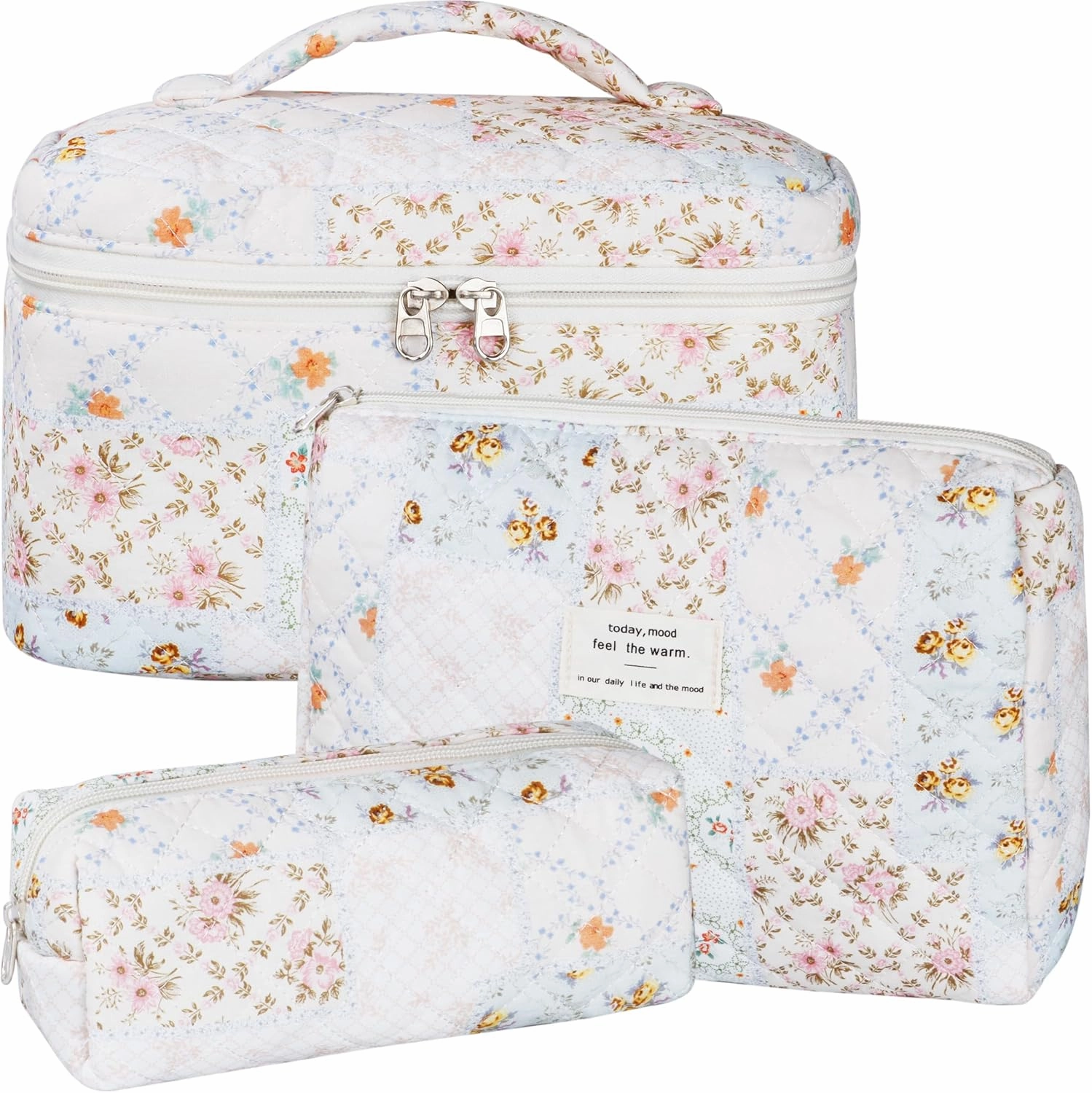 Quilted Makeup Bag Set, 3Pcs Large Checkered Corduroy Cosmetic Bags, Cute Coquette Makeup Bag Toiletry Zipper Pouch Bag for Women and Girls Checkered