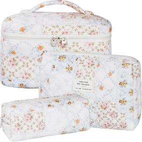 Quilted Makeup Bag Set, 3Pcs Large Checkered Corduroy Cosmetic Bags, Cute Coquette Makeup Bag Toiletry Zipper Pouch Bag for Women and Girls Checkered