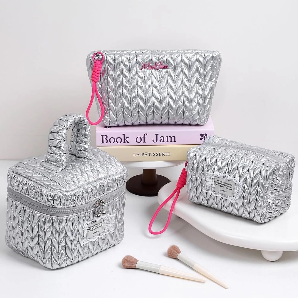 Quilted Makeup Bag Set with Handle, 3 Piece Travel Cosmetic Organizer, Large Capacity Toiletry Cases (Silver)