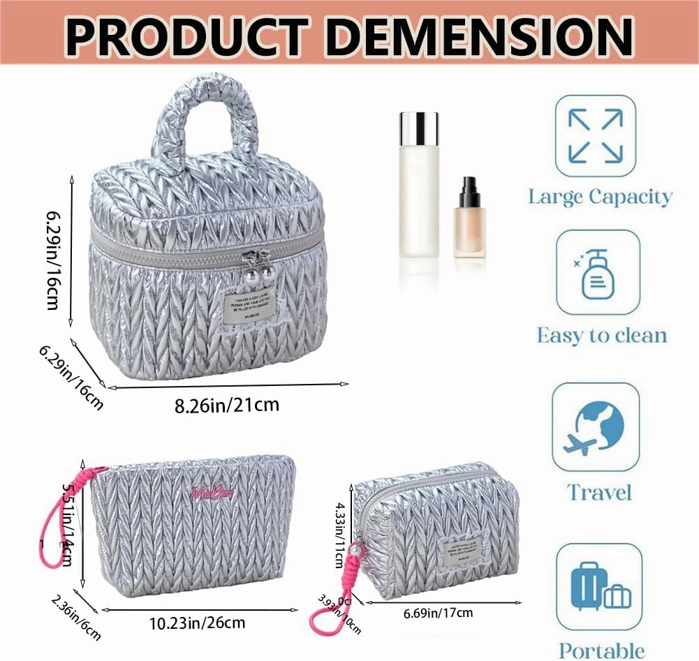 Quilted Makeup Bag Set with Handle, 3 Piece Travel Cosmetic Organizer, Large Capacity Toiletry Cases (Silver)