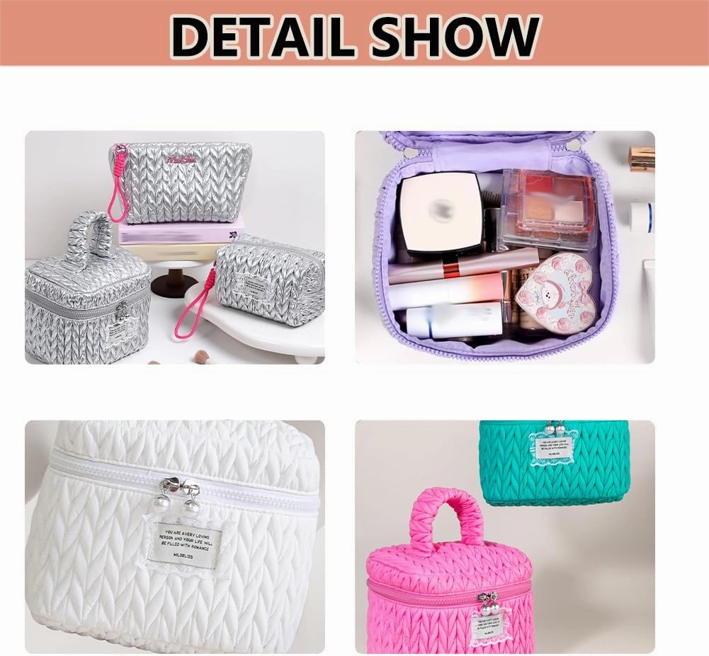 Quilted Makeup Bag Set with Handle, 3 Piece Travel Cosmetic Organizer, Large Capacity Toiletry Cases (Silver)