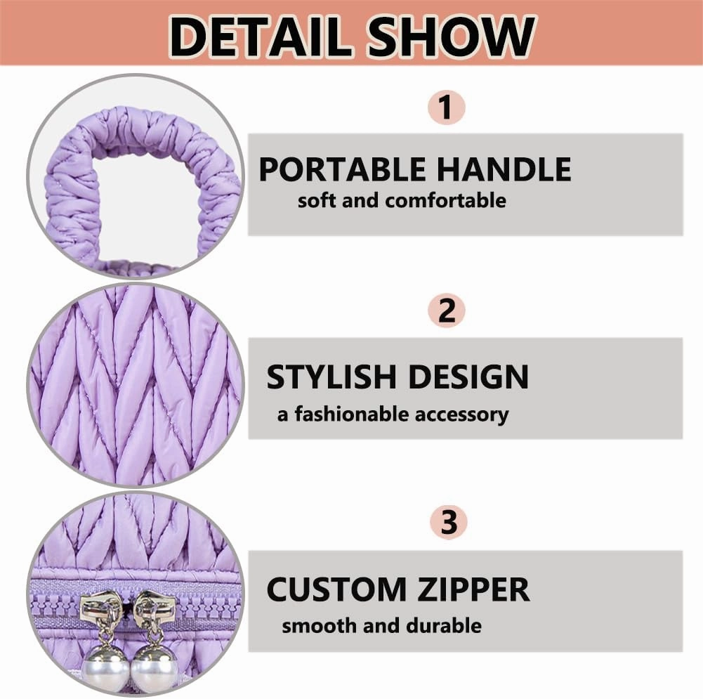 Quilted Makeup Bag Set with Handle, 3 Piece Travel Cosmetic Organizer, Large Capacity Toiletry Cases (Silver)