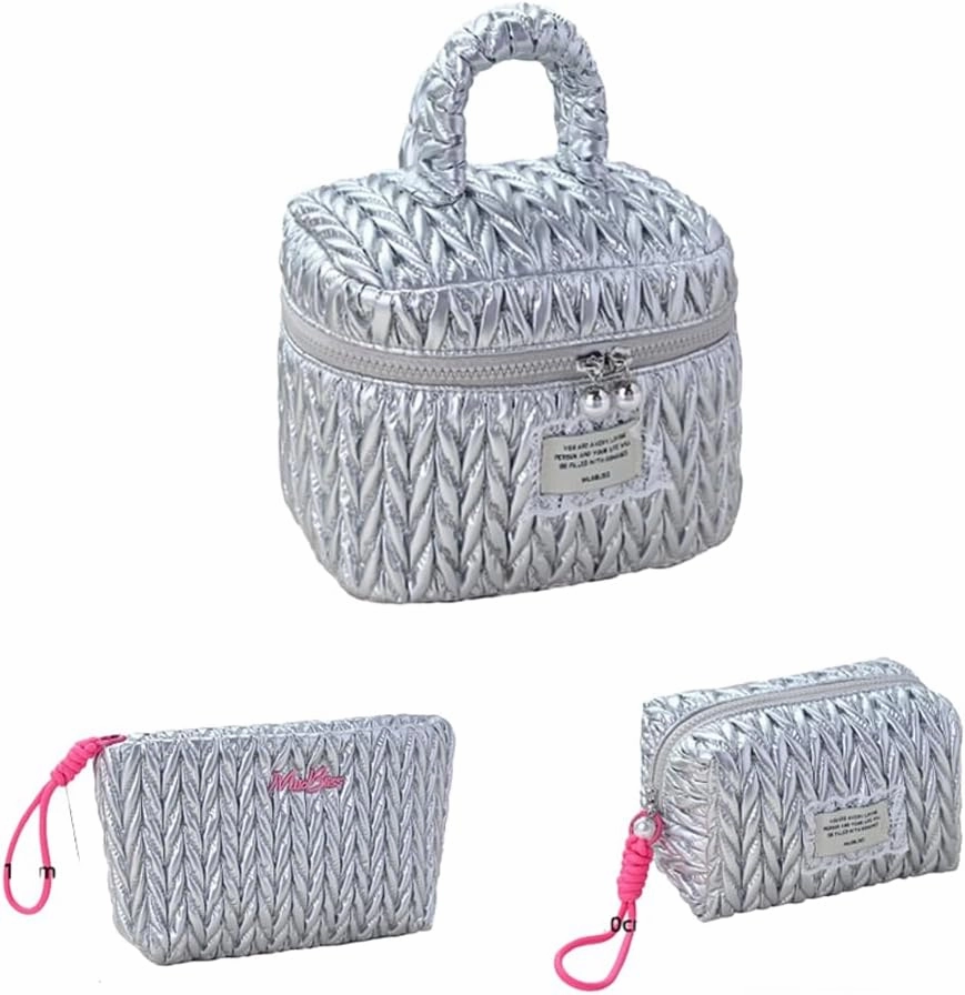 Quilted Makeup Bag Set with Handle, 3 Piece Travel Cosmetic Organizer, Large Capacity Toiletry Cases (Silver)