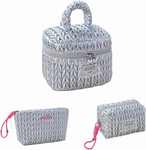 Quilted Makeup Bag Set with Handle, 3 Piece Travel Cosmetic Organizer, Large Capacity Toiletry Cases (Silver)