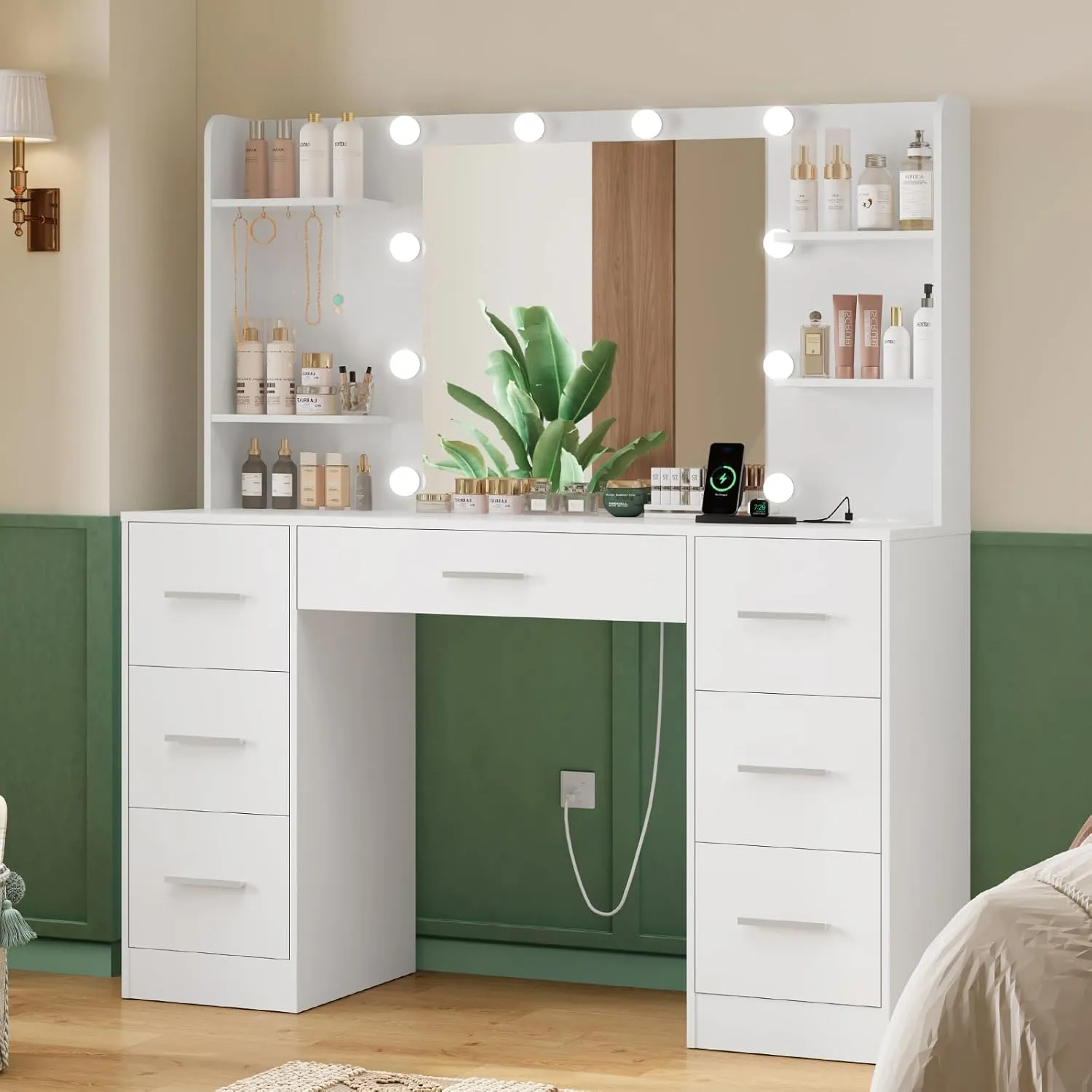 Quimoo Large Vanity Desk with LED Lighted Mirror & Power Outlet,Makeup Vanity Table with 7 Drawers,4 Shelves and 5 Hooks,Vanity Table, Vanity Desk Set for Bedroom,Bathroom,White