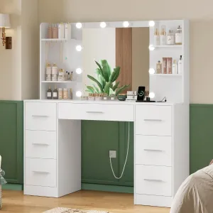 Quimoo Large Vanity Desk with LED Lighted Mirror & Power Outlet,Makeup Vanity Table with 7 Drawers,4 Shelves and 5 Hooks,Vanity Table, Vanity Desk Set for Bedroom,Bathroom,White