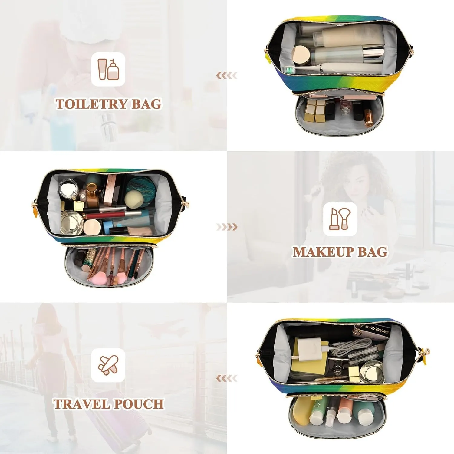 Rainbow Gay Pride Lgbtq Themed Quilted Cosmetic Bag with 9-Piece Accessory Set, Travel Cosmetic Organizer Zipper Pouch Roomy Cosmetic Bag for Women and Girls
