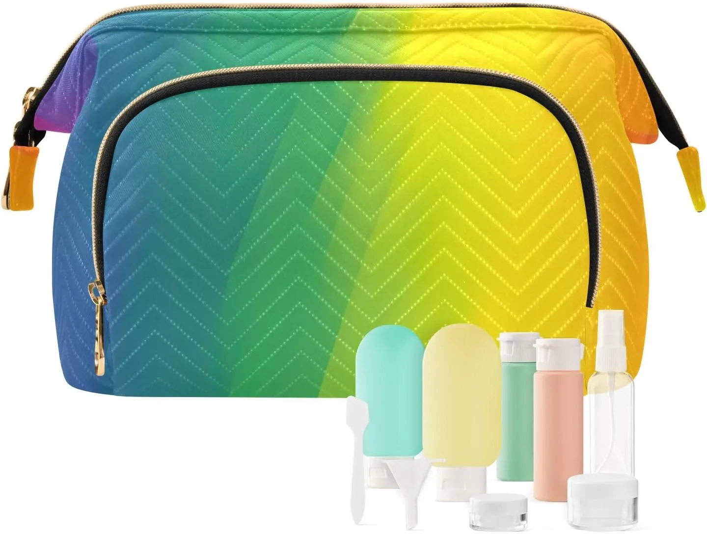 Rainbow Gay Pride Lgbtq Themed Quilted Cosmetic Bag with 9-Piece Accessory Set, Travel Cosmetic Organizer Zipper Pouch Roomy Cosmetic Bag for Women and Girls