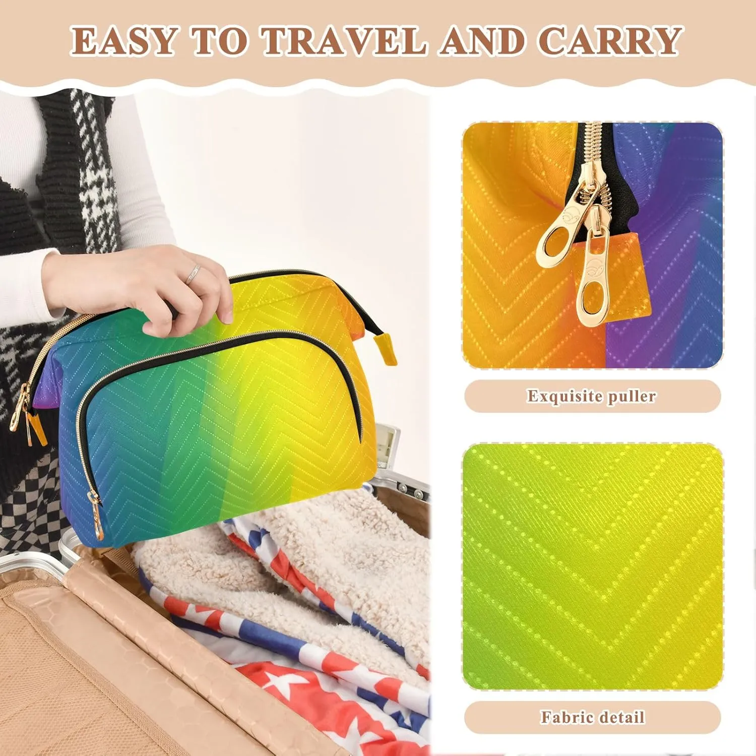 Rainbow Gay Pride Lgbtq Themed Quilted Cosmetic Bag with 9-Piece Accessory Set, Travel Cosmetic Organizer Zipper Pouch Roomy Cosmetic Bag for Women and Girls