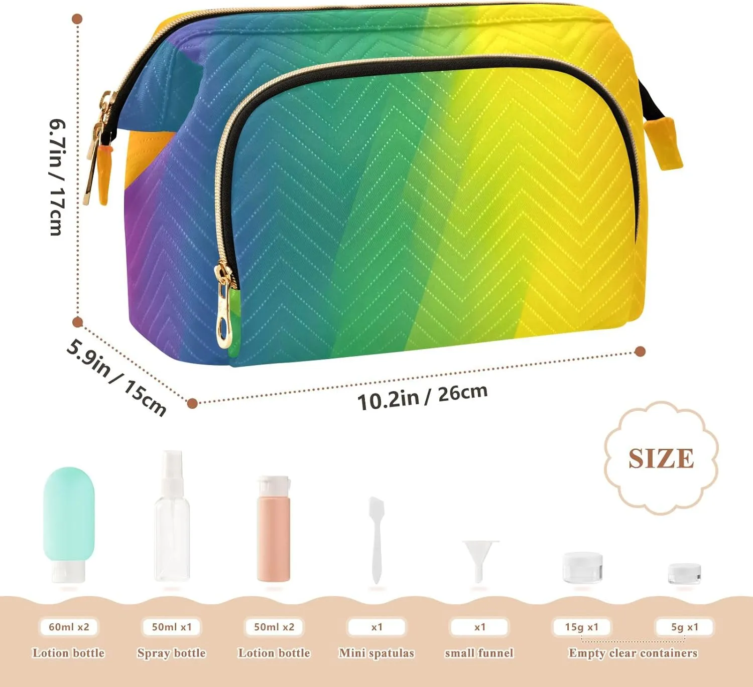 Rainbow Gay Pride Lgbtq Themed Quilted Cosmetic Bag with 9-Piece Accessory Set, Travel Cosmetic Organizer Zipper Pouch Roomy Cosmetic Bag for Women and Girls