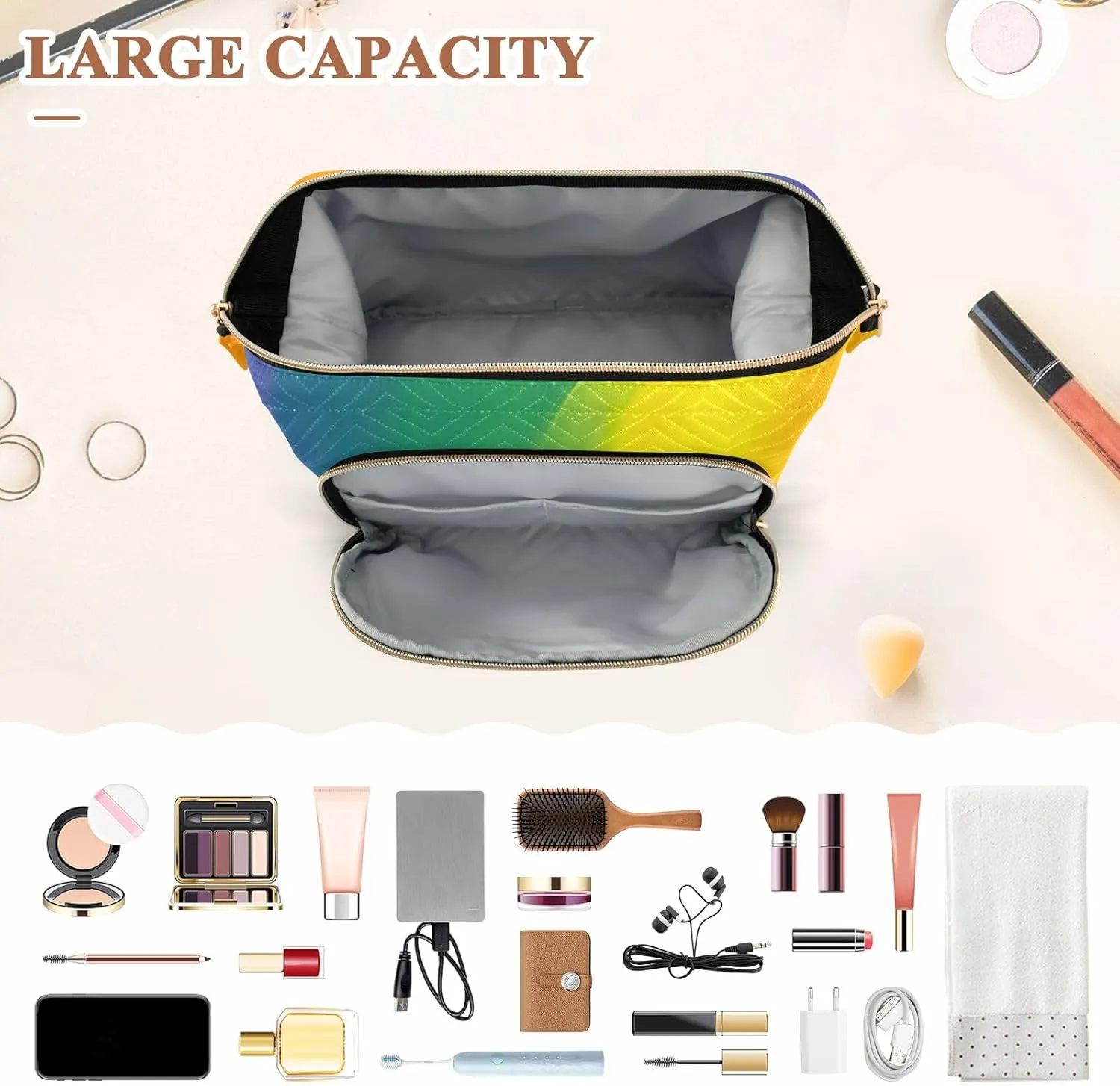 Rainbow Gay Pride Lgbtq Themed Quilted Cosmetic Bag with 9-Piece Accessory Set, Travel Cosmetic Organizer Zipper Pouch Roomy Cosmetic Bag for Women and Girls