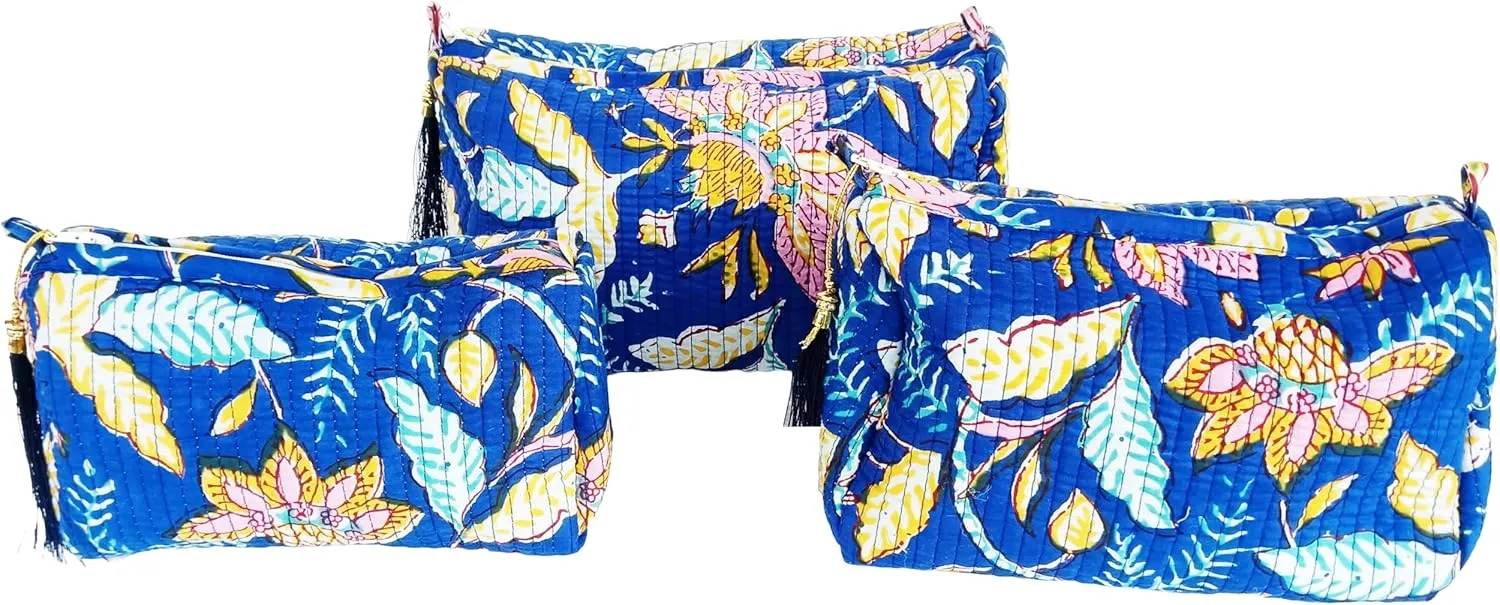 Rastogi Handicrafts Cosmetic Bags Set, 3 Piece Make Up Organizer Bag Storage Bags With Zipper Closure (3, Blue, Design-1)