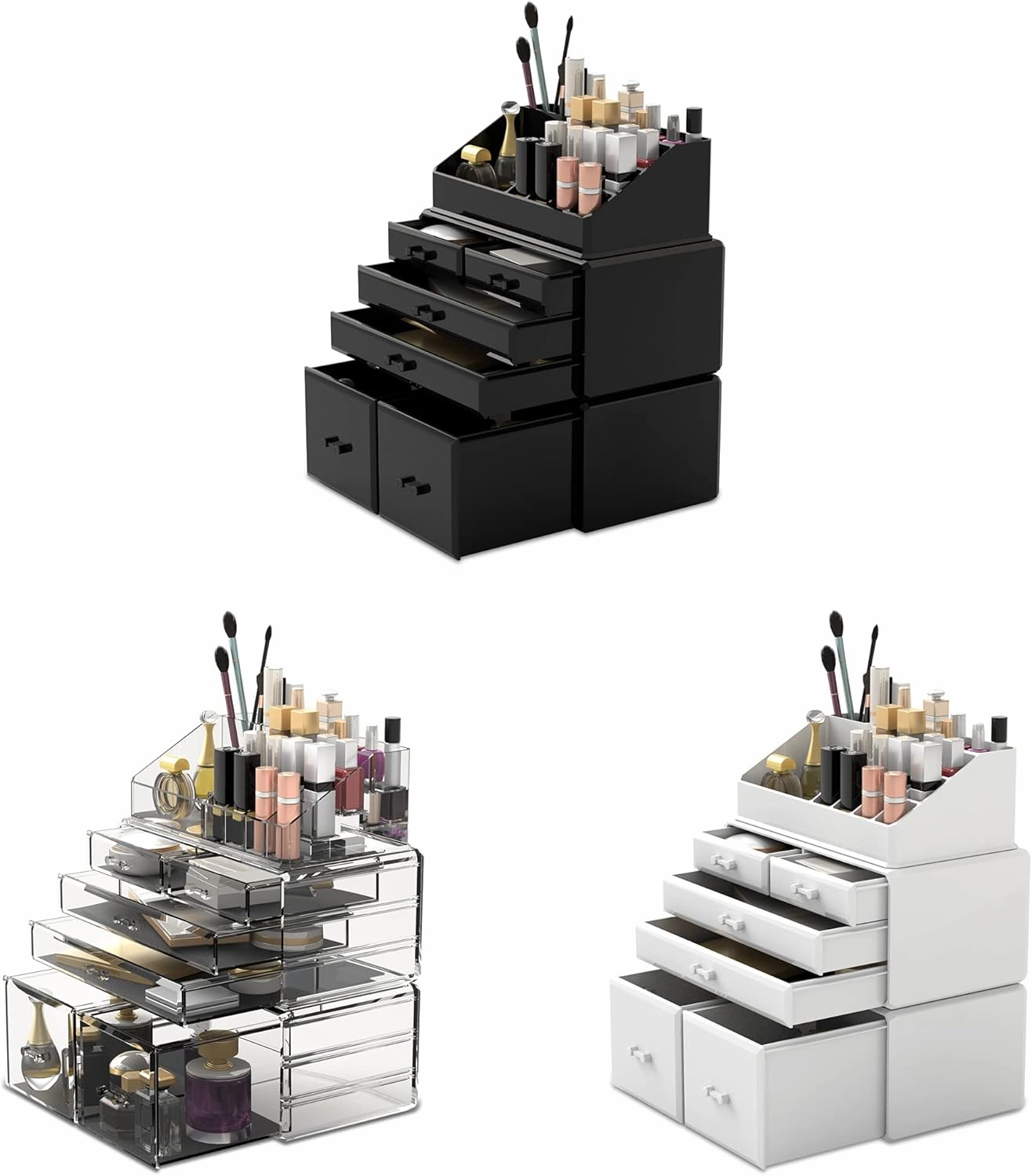 READAEER Makeup Organizer 3 Pieces Cosmetic Storage Case with 6 Drawers (Black)