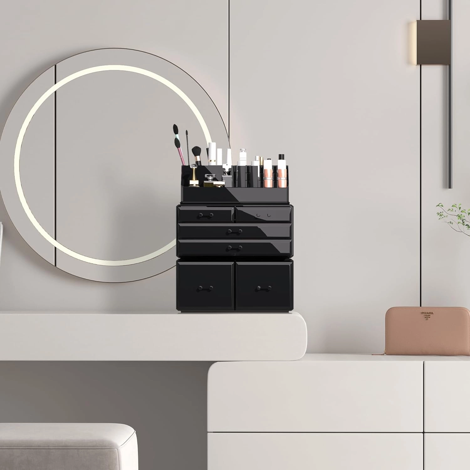 READAEER Makeup Organizer 3 Pieces Cosmetic Storage Case with 6 Drawers (Black)