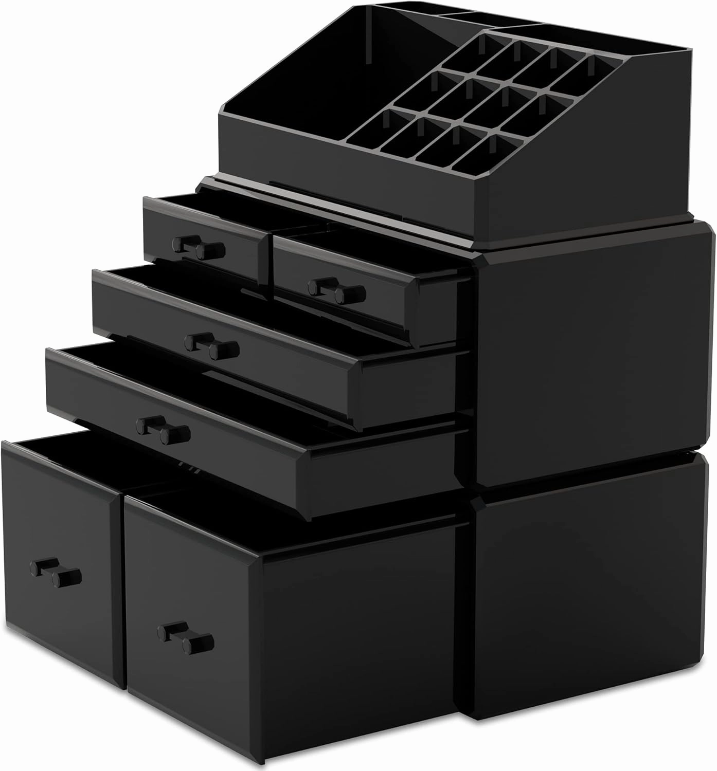 READAEER Makeup Organizer 3 Pieces Cosmetic Storage Case with 6 Drawers (Black)