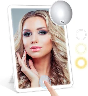 Rechargeable Travel Makeup Mirror with Lights, Portable Makeup Vanity Mirror with 10X Magnifying Mirror, 3 Color Lighting, High Capacity 2000mAh Battery, Travel Essential