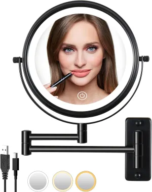 Rechargeable Wall Mounted Lighted Makeup Mirror, Mounted Makeup Magnifying Mirror with Lights,10X LED Vanity Mirror Wall Mounted, 8" Wall Bathroom Light Up Magnified Mirror (Black)