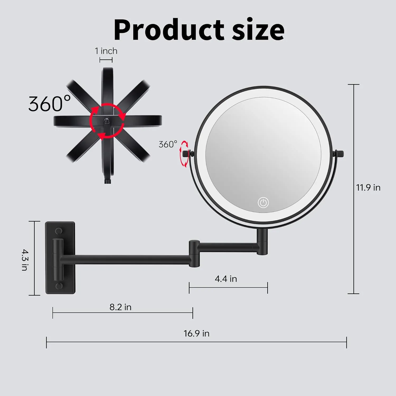 Rechargeable Wall Mounted Lighted Makeup Mirror, Mounted Makeup Magnifying Mirror with Lights,10X LED Vanity Mirror Wall Mounted, 8" Wall Bathroom Light Up Magnified Mirror (Black)