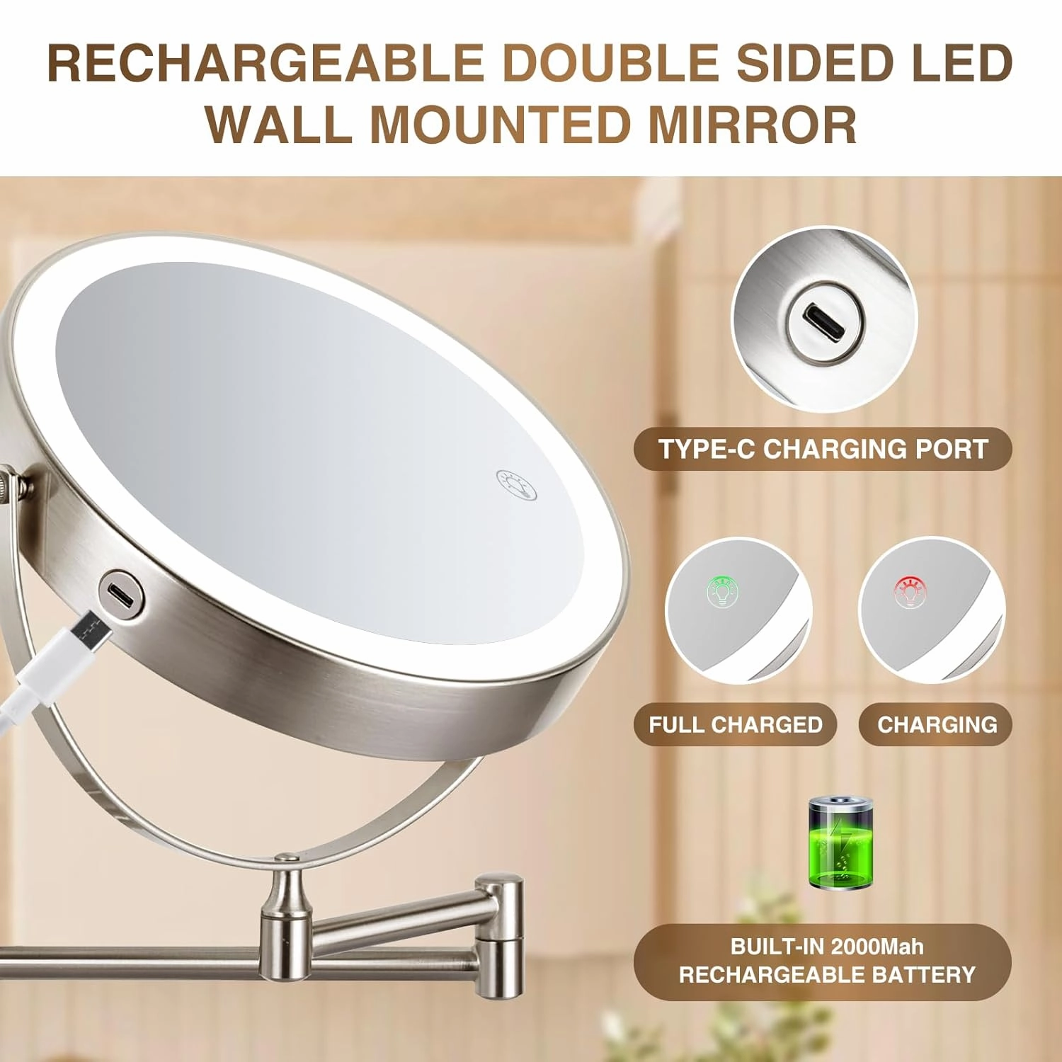 Rechargeable Wall Mounted Lighted Makeup Mirror, 8.5'' Double-Sided 1X/10X LED Magnifying Vanity Mirror with Lights, 3 Color Lights Touch Screen Dimmable 360°Swivel 18 Inch Extendable, Brushed Nickel