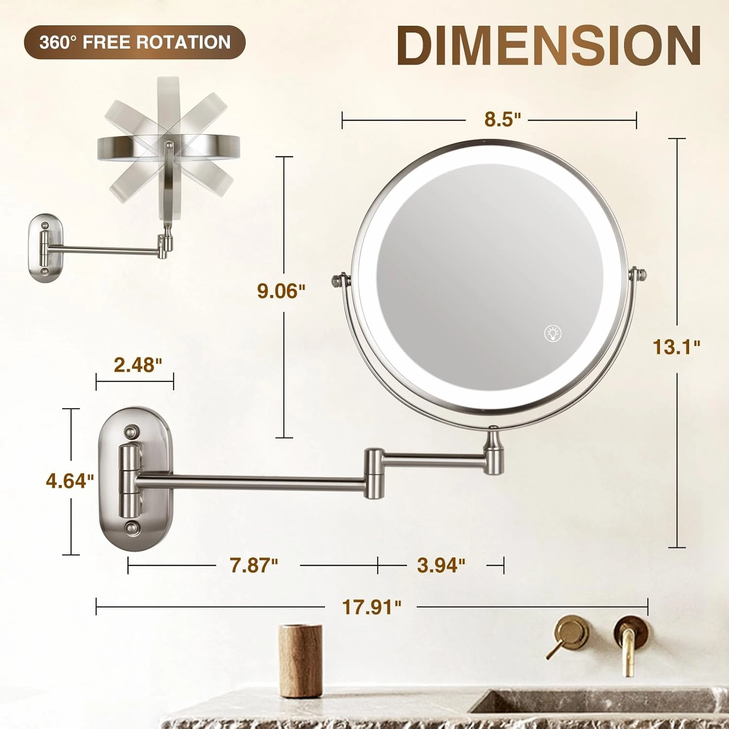 Rechargeable Wall Mounted Lighted Makeup Mirror, 8.5'' Double-Sided 1X/10X LED Magnifying Vanity Mirror with Lights, 3 Color Lights Touch Screen Dimmable 360°Swivel 18 Inch Extendable, Brushed Nickel