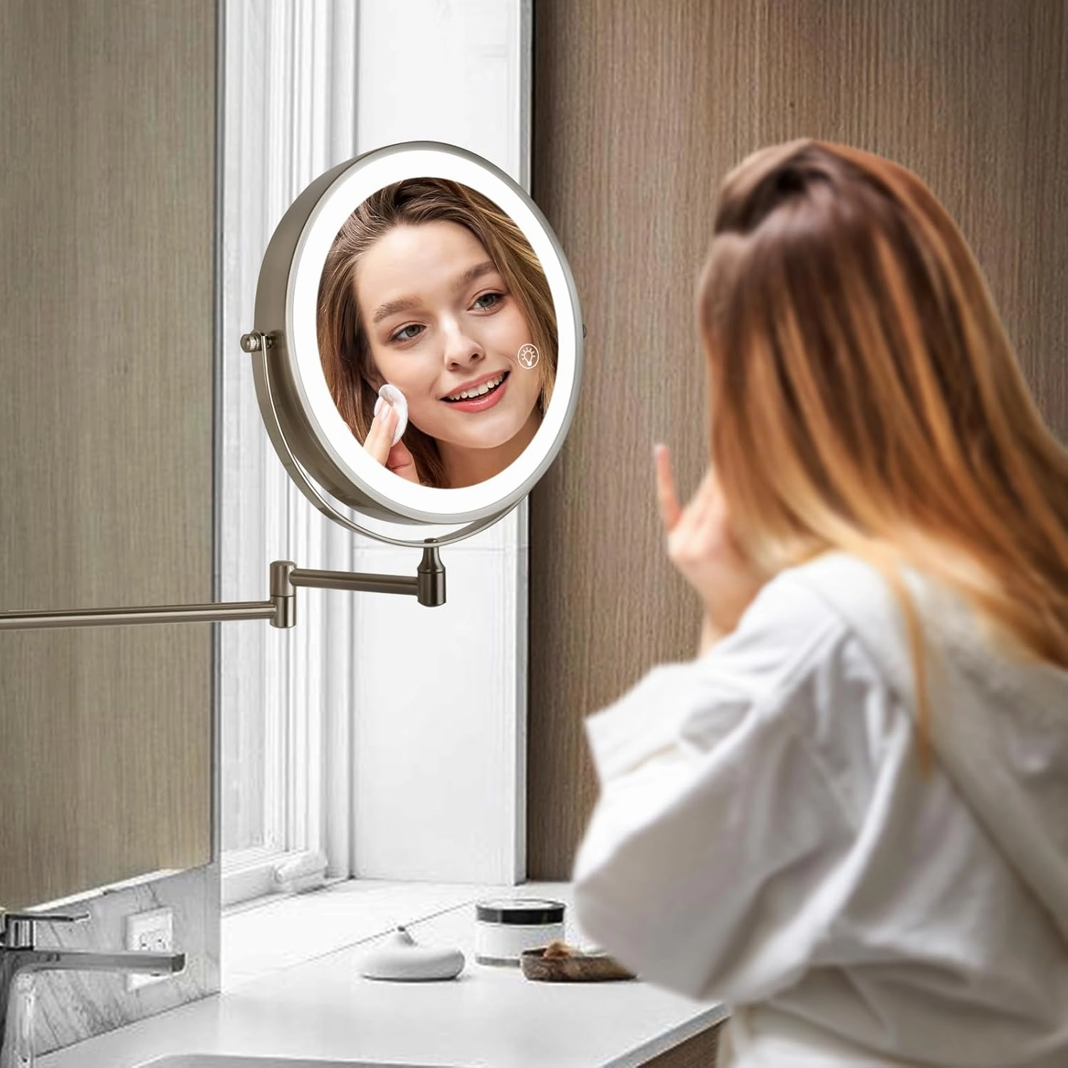 Rechargeable Wall Mounted Lighted Makeup Mirror, 8.5'' Double-Sided 1X/10X LED Magnifying Vanity Mirror with Lights, 3 Color Lights Touch Screen Dimmable 360°Swivel 18 Inch Extendable, Brushed Nickel
