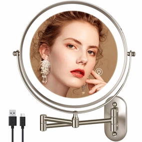 Rechargeable Wall Mounted Lighted Makeup Mirror, 8.5'' Double-Sided 1X/10X LED Magnifying Vanity Mirror with Lights, 3 Color Lights Touch Screen Dimmable 360°Swivel 18 Inch Extendable, Brushed Nickel