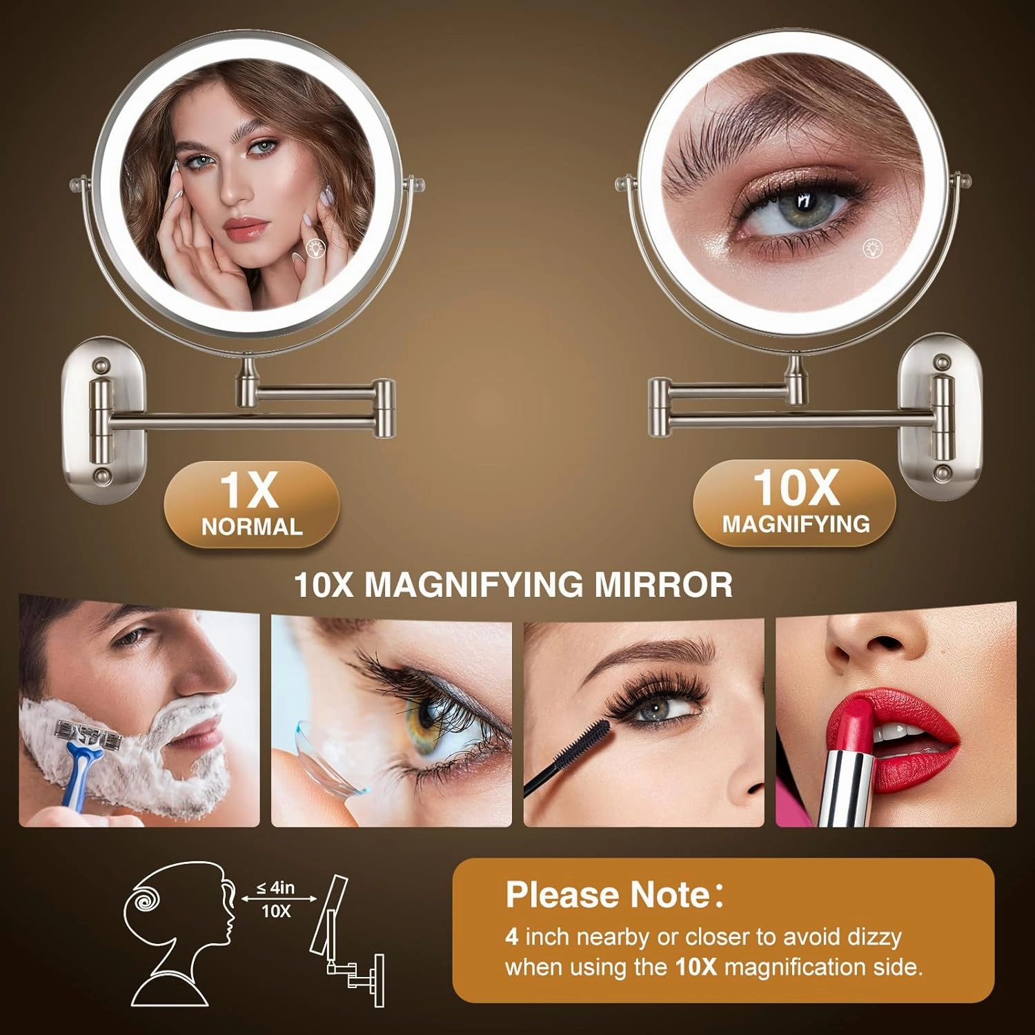 Rechargeable Wall Mounted Lighted Makeup Mirror, 8.5'' Double-Sided 1X/10X LED Magnifying Vanity Mirror with Lights, 3 Color Lights Touch Screen Dimmable 360°Swivel 18 Inch Extendable, Brushed Nickel
