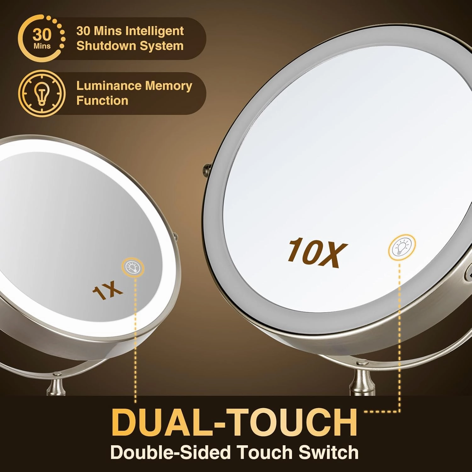 Rechargeable Wall Mounted Lighted Makeup Mirror, 8.5'' Double-Sided 1X/10X LED Magnifying Vanity Mirror with Lights, 3 Color Lights Touch Screen Dimmable 360°Swivel 18 Inch Extendable, Brushed Nickel