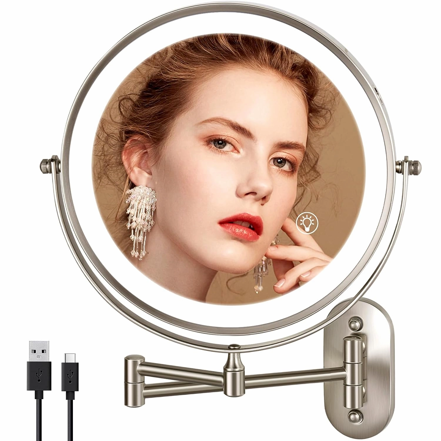 Rechargeable Wall Mounted Lighted Makeup Mirror, 8.5'' Double-Sided 1X/10X LED Magnifying Vanity Mirror with Lights, 3 Color Lights Touch Screen Dimmable 360°Swivel 18 Inch Extendable, Brushed Nickel