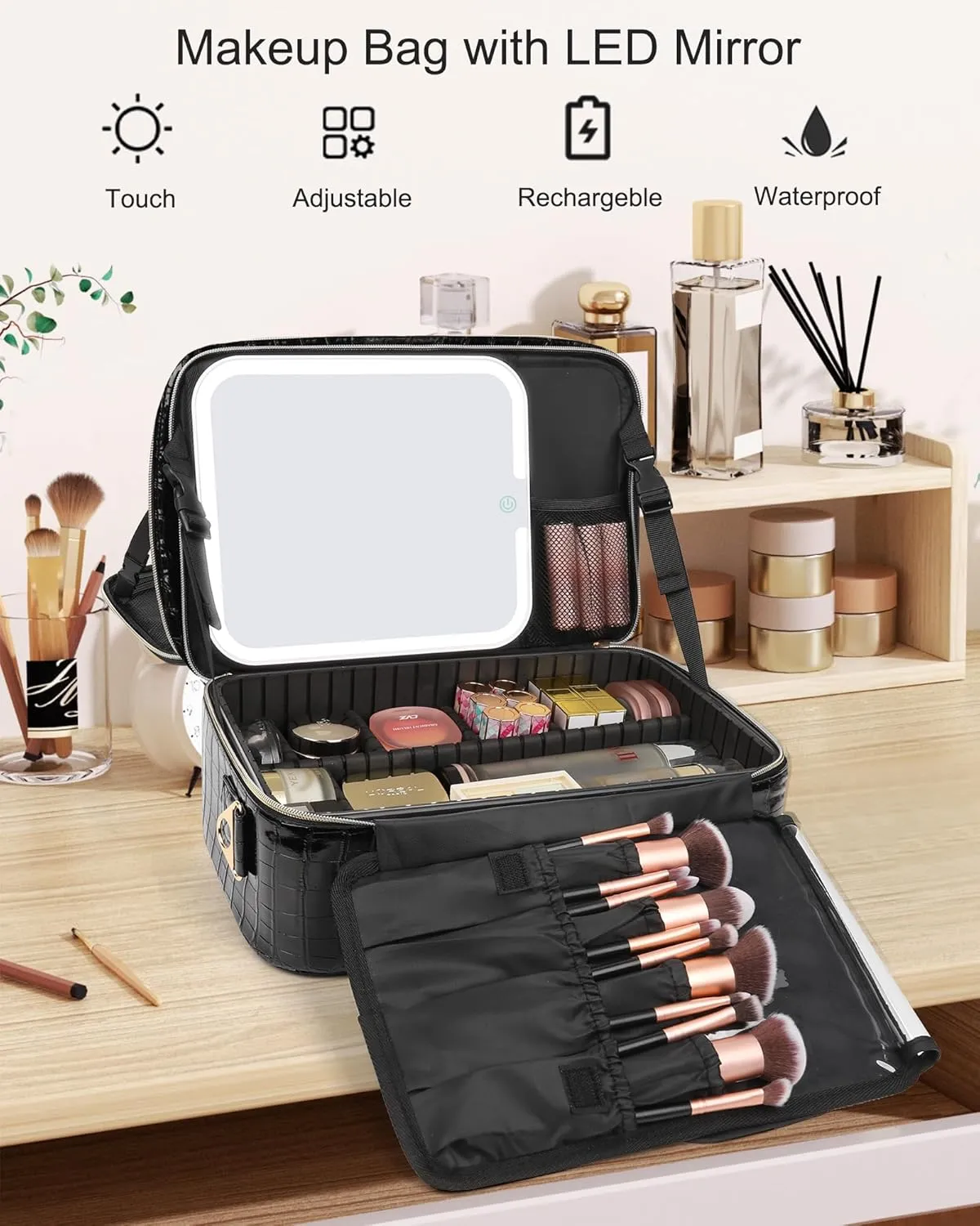 Relavel Makeup Bag with LED Mirror, Makeup Case with Lighted Mirror, Large Capacity Travel Cosmetic Train Case Organizer Box for Women, Dividers and Rechargeable Vanity Mirror (Crocodile Pattern)