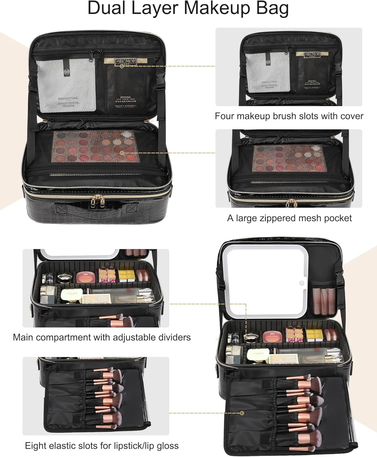 Relavel Makeup Bag with LED Mirror, Makeup Case with Lighted Mirror, Large Capacity Travel Cosmetic Train Case Organizer Box for Women, Dividers and Rechargeable Vanity Mirror (Crocodile Pattern)
