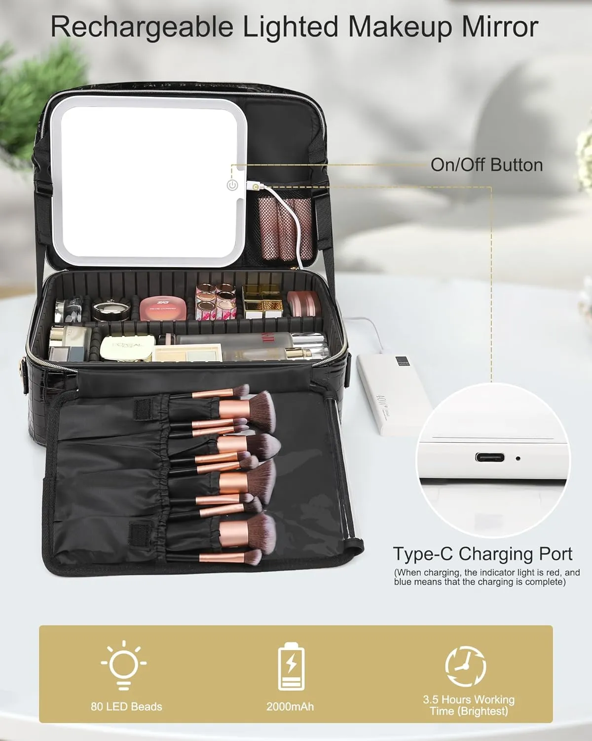 Relavel Makeup Bag with LED Mirror, Makeup Case with Lighted Mirror, Large Capacity Travel Cosmetic Train Case Organizer Box for Women, Dividers and Rechargeable Vanity Mirror (Crocodile Pattern)