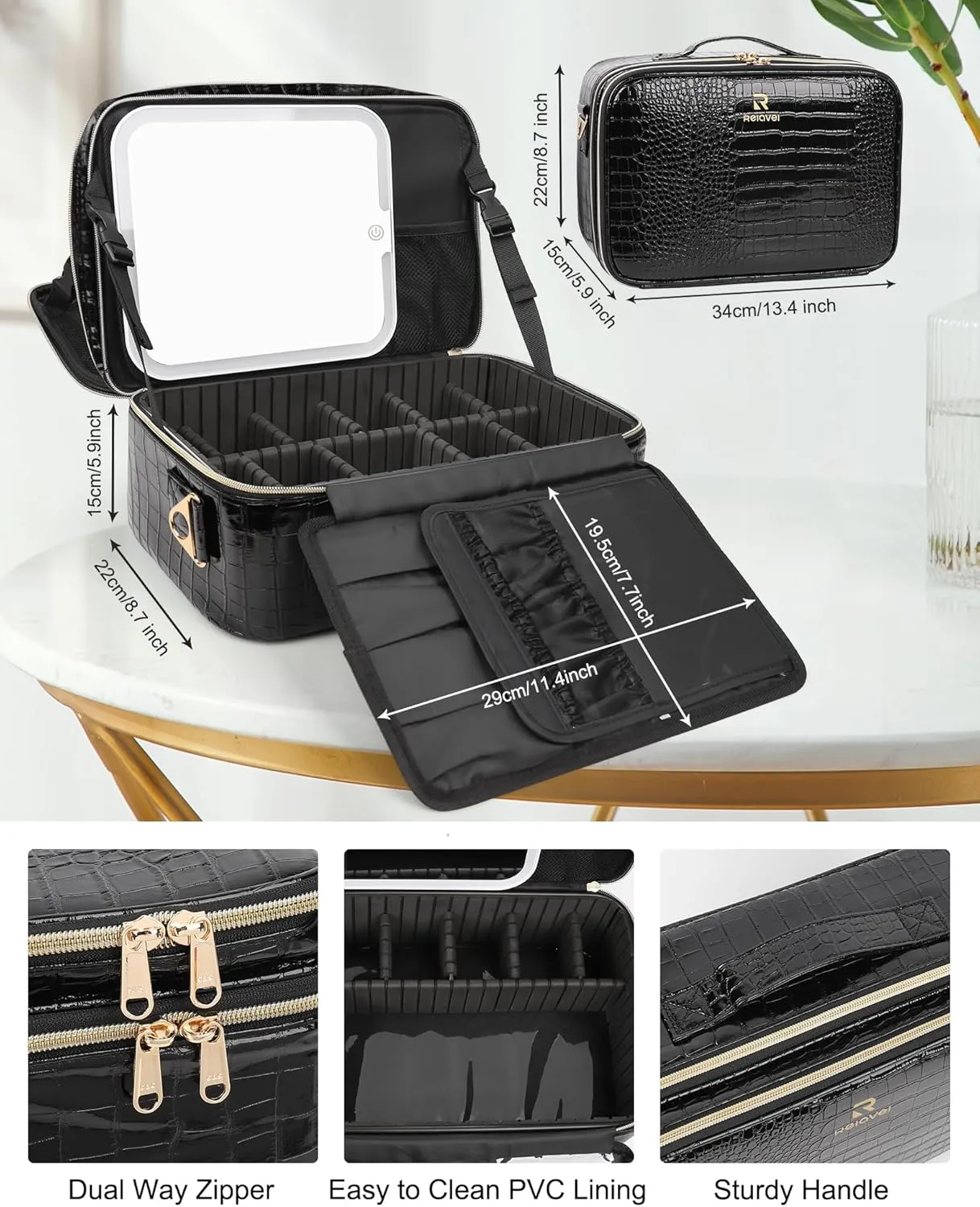 Relavel Makeup Bag with LED Mirror, Makeup Case with Lighted Mirror, Large Capacity Travel Cosmetic Train Case Organizer Box for Women, Dividers and Rechargeable Vanity Mirror (Crocodile Pattern)
