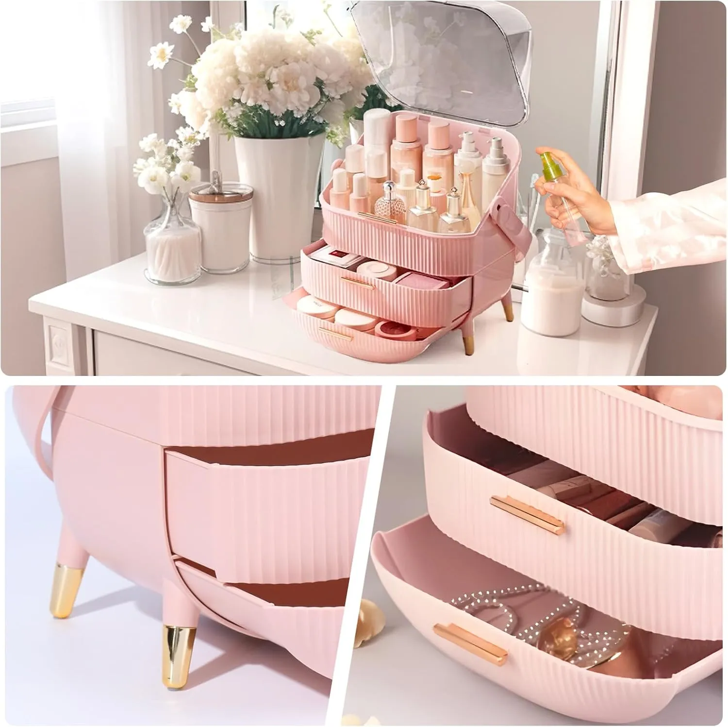 RMAN Makeup Organizer for Vanity Make up and Cosmetics Storage with Lid and Drawers Skincare Organizers Display Cases for Countertop Bathroom Dresser(Pink)