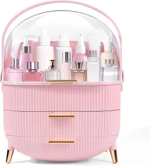 RMAN Makeup Organizer for Vanity Make up and Cosmetics Storage with Lid and Drawers Skincare Organizers Display Cases for Countertop Bathroom Dresser(Pink)