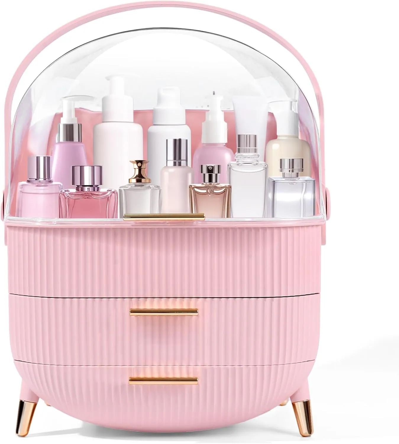 RMAN Makeup Organizer for Vanity Make up and Cosmetics Storage with Lid and Drawers Skincare Organizers Display Cases for Countertop Bathroom Dresser(Pink)
