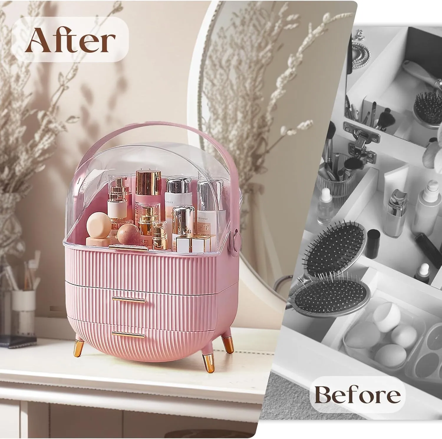RMAN Makeup Organizer for Vanity Make up and Cosmetics Storage with Lid and Drawers Skincare Organizers Display Cases for Countertop Bathroom Dresser(Pink)