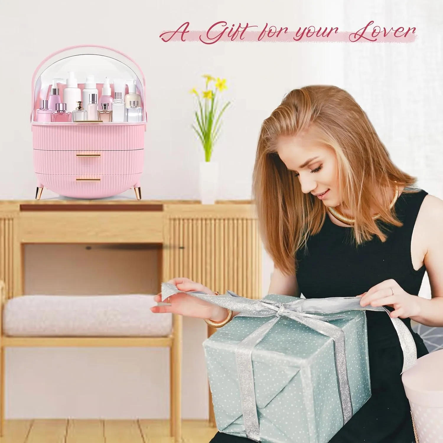 RMAN Makeup Organizer for Vanity Make up and Cosmetics Storage with Lid and Drawers Skincare Organizers Display Cases for Countertop Bathroom Dresser(Pink)