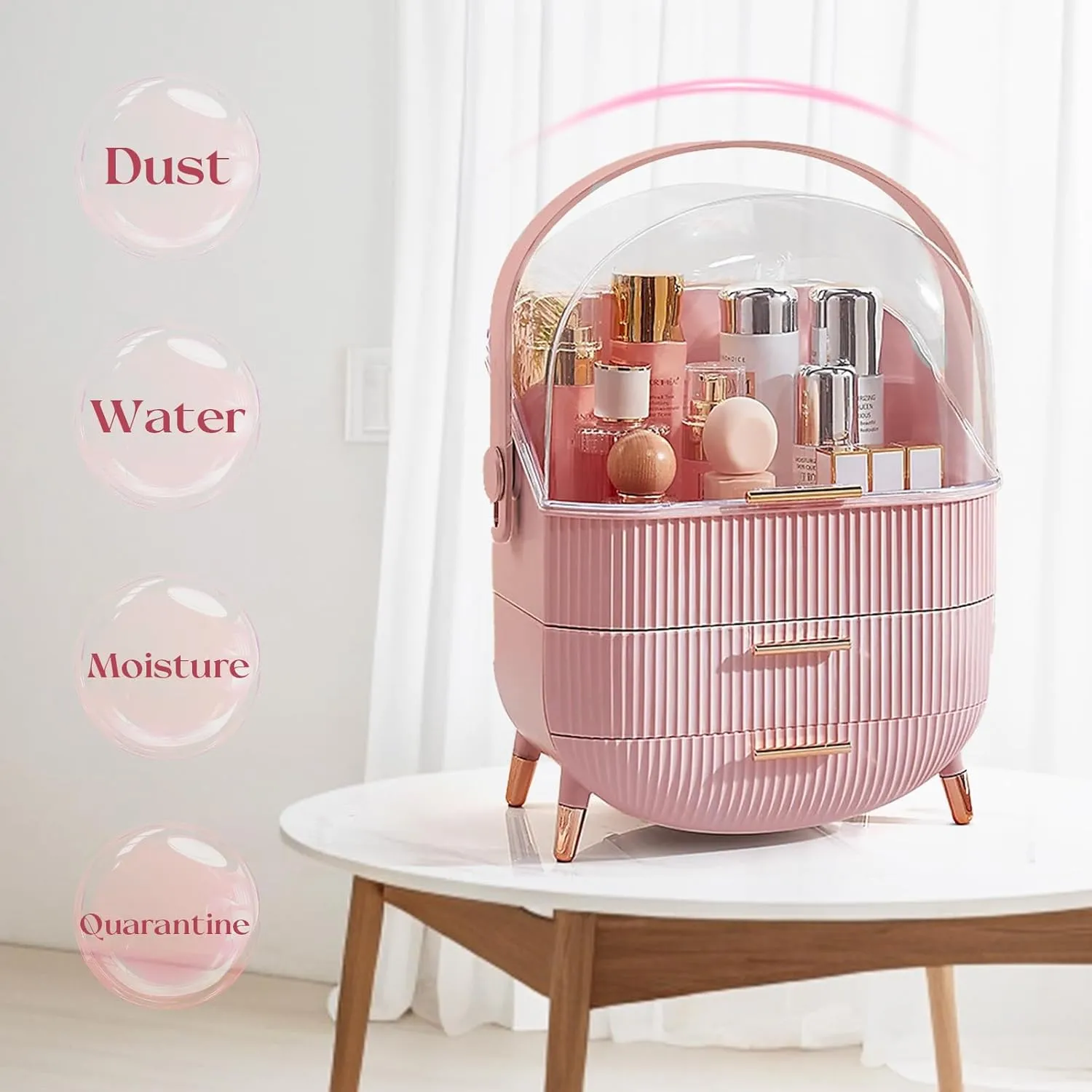 RMAN Makeup Organizer for Vanity Make up and Cosmetics Storage with Lid and Drawers Skincare Organizers Display Cases for Countertop Bathroom Dresser(Pink)