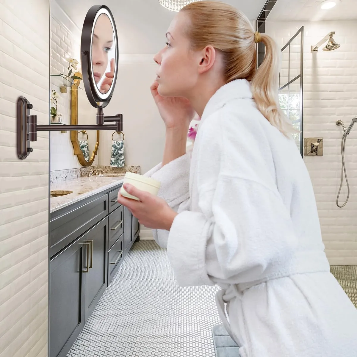 Rocollos Rechargeable Lighted Wall Mounted Makeup Mirror with 3 Color Lights,Dimmable Touch Screen,8 Inch LED Double Sided 1X/10X Magnifying 360°Flexible 13 Inch Retractable