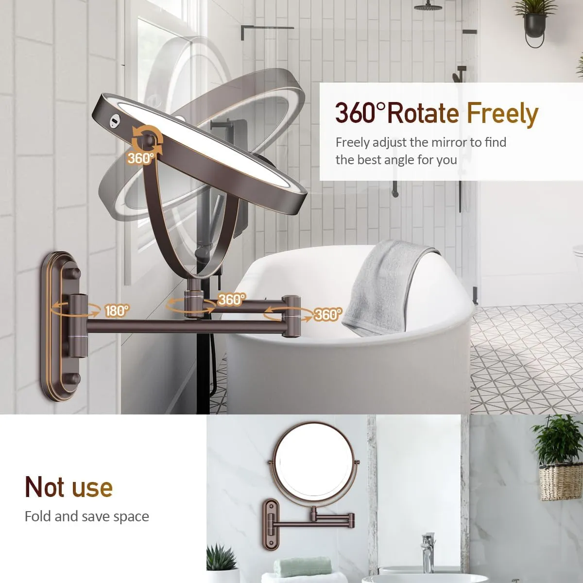 Rocollos Rechargeable Lighted Wall Mounted Makeup Mirror with 3 Color Lights,Dimmable Touch Screen,8 Inch LED Double Sided 1X/10X Magnifying 360°Flexible 13 Inch Retractable