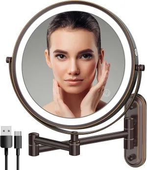 Rocollos Rechargeable Lighted Wall Mounted Makeup Mirror with 3 Color Lights,Dimmable Touch Screen,8 Inch LED Double Sided 1X/10X Magnifying 360°Flexible 13 Inch Retractable
