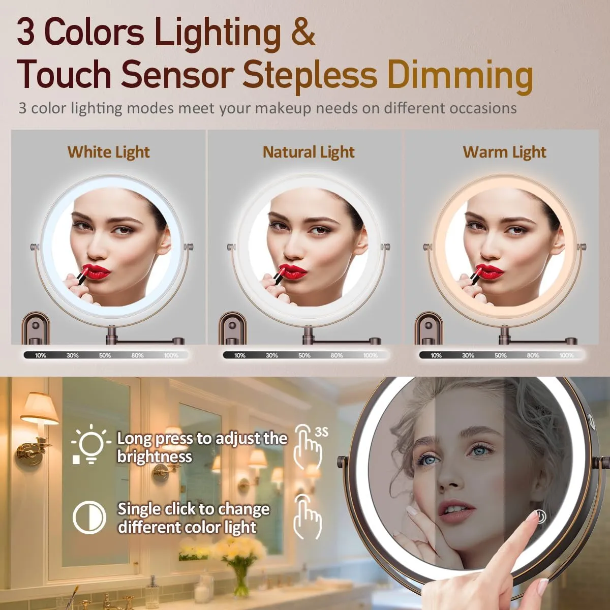 Rocollos Rechargeable Lighted Wall Mounted Makeup Mirror with 3 Color Lights,Dimmable Touch Screen,8 Inch LED Double Sided 1X/10X Magnifying 360°Flexible 13 Inch Retractable