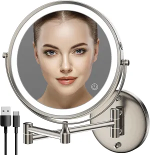 Rocollos Rechargeable Wall Mounted Lighted Makeup Mirror, 8 Inch Double-Sided LED Vanity Mirror 1X/10X Magnification,3 Color Lights Touch Screen Dimmable 360°Swivel 13 Inch Extendable