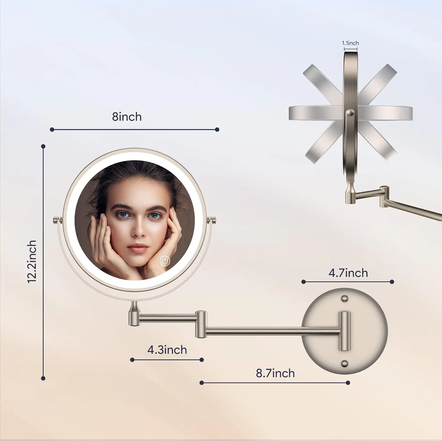 Rocollos Rechargeable Wall Mounted Lighted Makeup Mirror, 8 Inch Double-Sided LED Vanity Mirror 1X/10X Magnification,3 Color Lights Touch Screen Dimmable 360°Swivel 13 Inch Extendable
