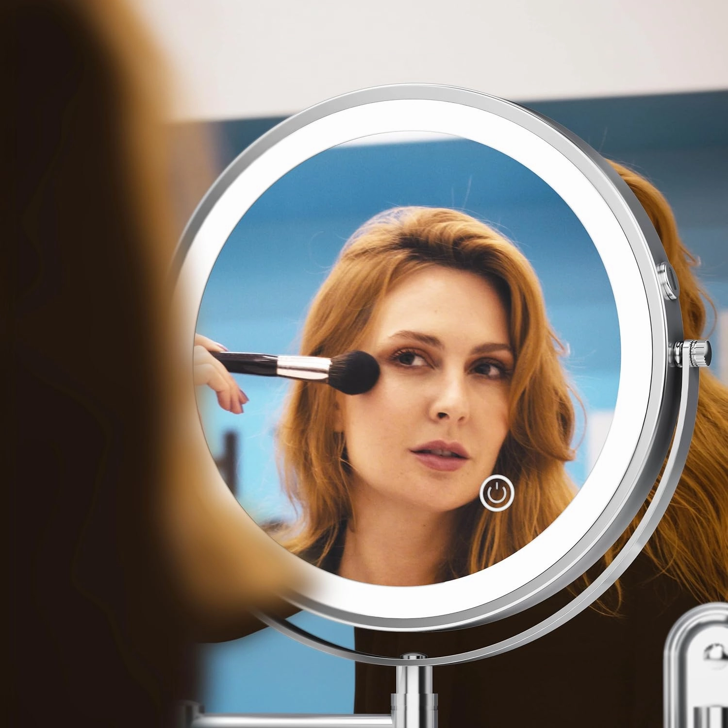 Rocollos Two-Fingers-Width Narrow Base Rechargeable Wall Mounted Lighted Makeup Mirror,3 Color Lights Dimmable Touch Screen,8 Inch LED Double Sided 1X/10X Magnifying Mirror 13 Inch Retractable