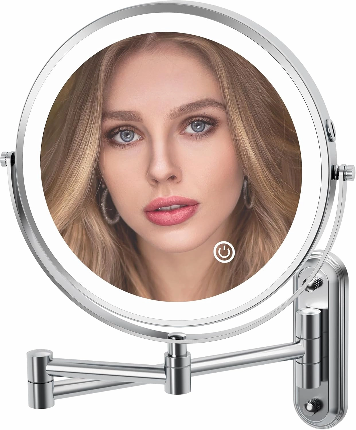 Rocollos Two-Fingers-Width Narrow Base Rechargeable Wall Mounted Lighted Makeup Mirror,3 Color Lights Dimmable Touch Screen,8 Inch LED Double Sided 1X/10X Magnifying Mirror 13 Inch Retractable