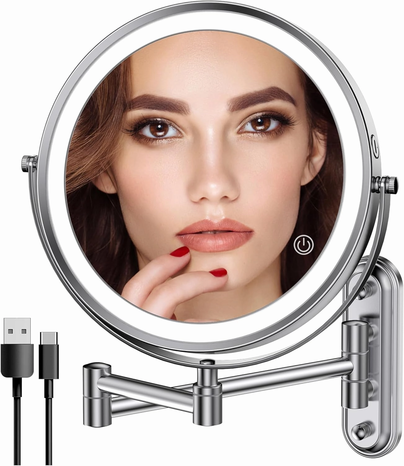 Rocollos Two-Fingers-Width Narrow Base Rechargeable Wall Mounted Lighted Makeup Mirror,3 Color Lights Dimmable Touch Screen,8 Inch LED Double Sided 1X/10X Magnifying Mirror 13 Inch Retractable