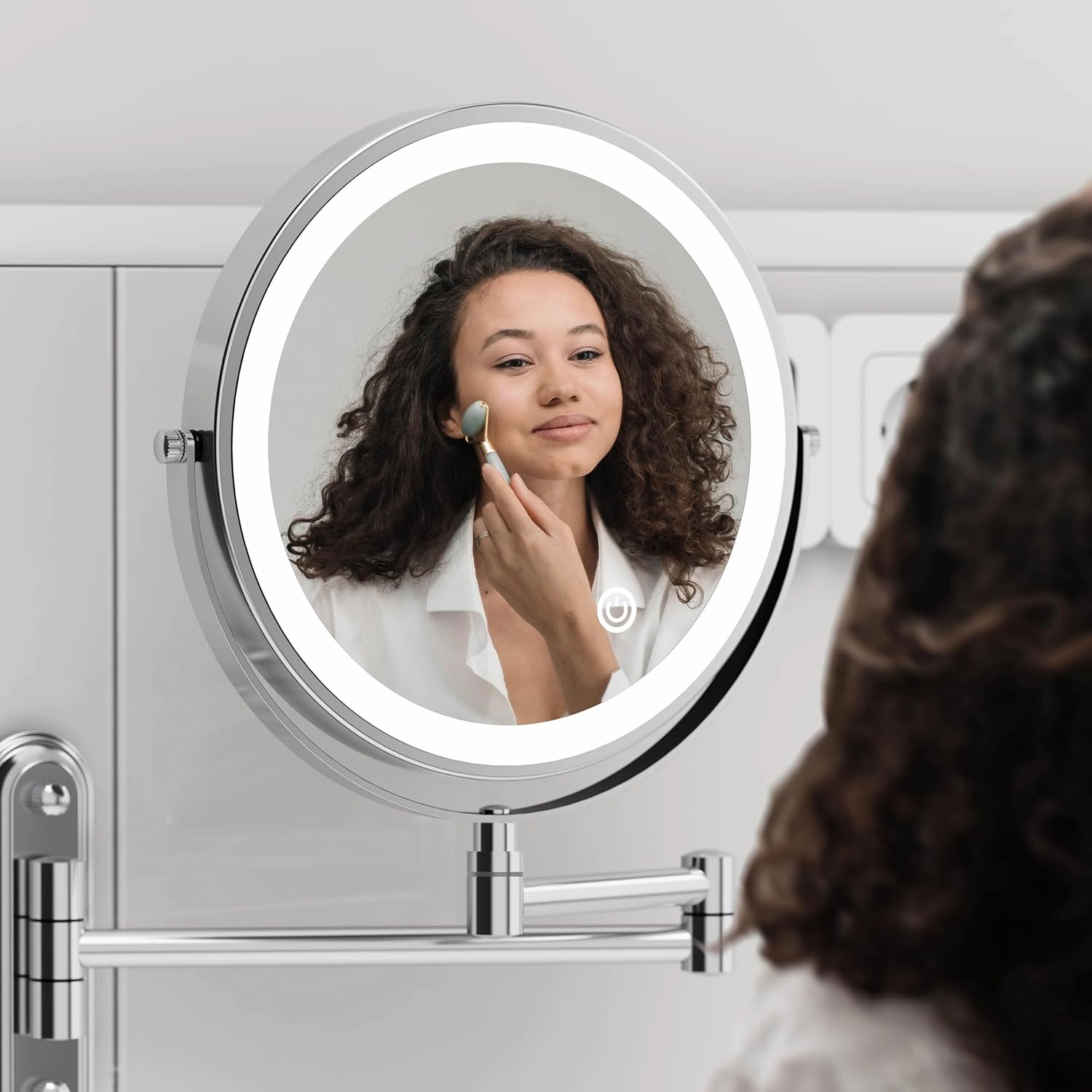 Rocollos Two-Fingers-Width Narrow Base Rechargeable Wall Mounted Lighted Makeup Mirror,3 Color Lights Dimmable Touch Screen,8 Inch LED Double Sided 1X/10X Magnifying Mirror 13 Inch Retractable